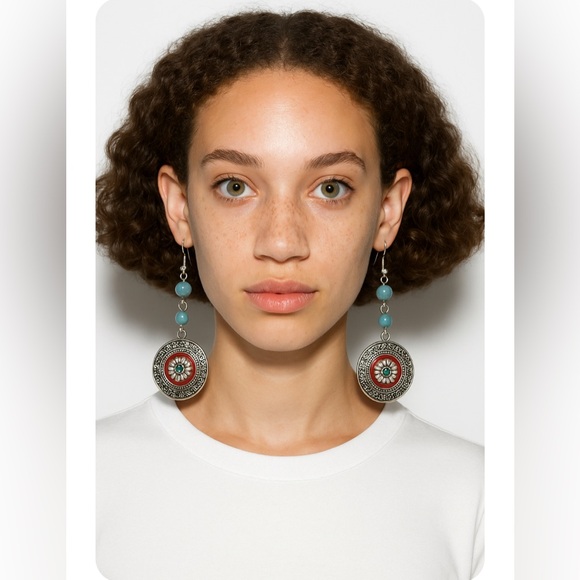 Boho Silver Round Turquoise Bead Drop  Earrings - Picture 1 of 14